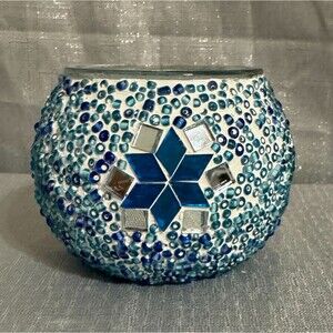 Handmade Blue & White Small Mosaic Glass Votive Candle Holder Decor Star Bead